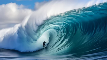 Zelfklevend Fotobehang surfer cuts a huge wave on the board, blue water tunnel generative ai © Fukume