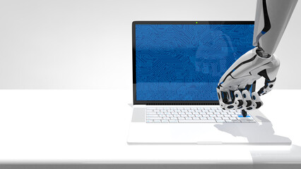 White human shaped robot hand pressing a blue key of an white laptop with blue circuit board screen on reflective desk. 3D Illustration