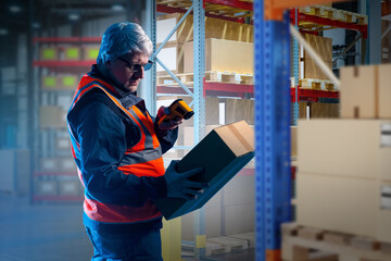 Warehouse work. Man with barcode scanner. Storekeeper is holding box. Guy is in vault. Warehouse racks around male supervisor. Logistics warehouse employee at work. Career in storage industry