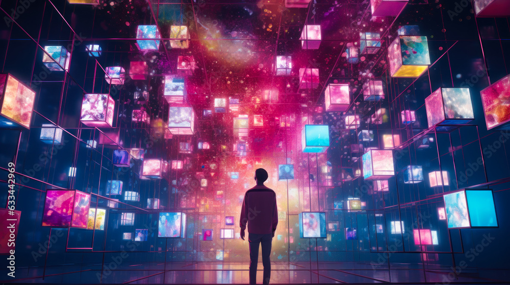 Wall mural vr simulation man in the colorful artificial c, the time of technology and artificial intelligence g