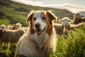 dog looking after sheep in the meadow. generative ai