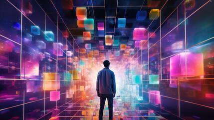 vr simulation man in the colorful artificial c, the time of technology and artificial intelligence generative ai