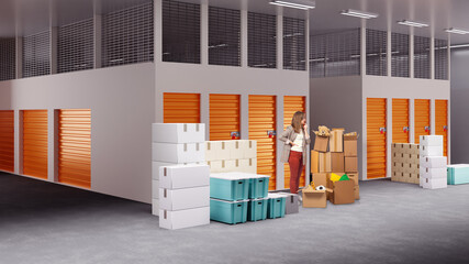 Woman is standing in warehouse. Girl near storage unit. Girl with phone near boxes. Storage company client. Woman rents storage container. Warehouse units are closed. Safekeeping space