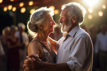 A portrait of an elderly couple dancing against an illuminated background. International Day Of Older Persons