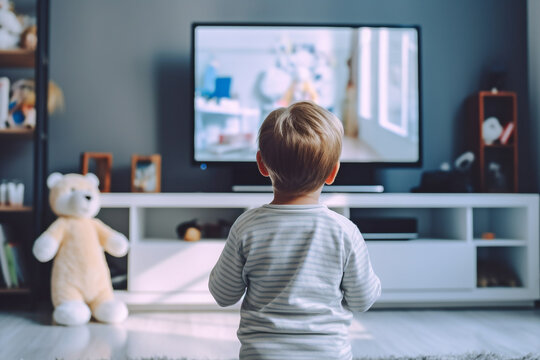 Back view of small child watching TV