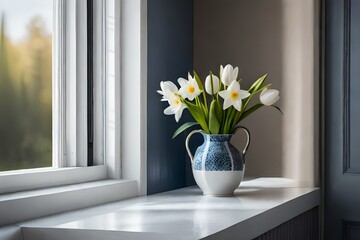 White and yellow tulips in vase generated by AI tool