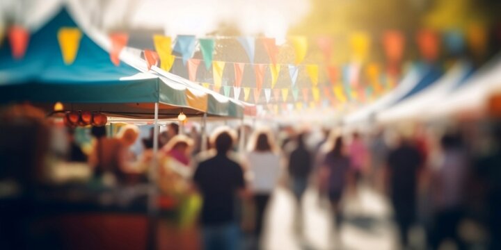 Abstract street fair blurred background, outdoor backdrop with copy space. Generative AI technology.