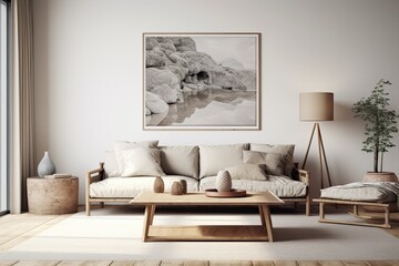 Scandinavian style living room with modern poster frame rendering.