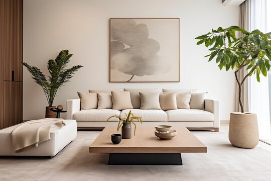 The living room has a minimalist interior design with a beige sofa as the centerpiece. There is a side table placed next to the sofa, and a vase with a leaf displayed on it. A pouf is also present in
