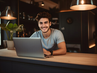 Generative ai of happy young man sitting at home working with laptop via remote control.