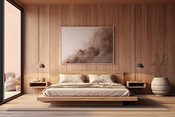 A render illustration showcases the interior design of a bedroom with a modern Scandinavian and Japandi style. The room features a bed in a warm terracotta color, with wooden panels covering both the