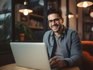 Generative ai of happy young man sitting at home working with laptop via remote control.