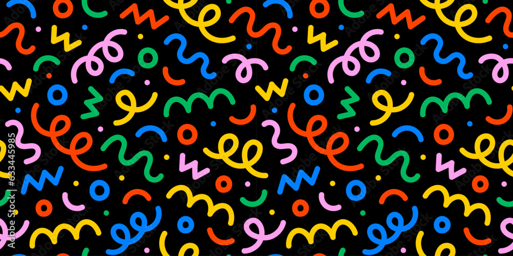 Poster Fun colorful line doodle seamless pattern. Creative minimalist style art background for children or trendy design with basic shapes. Simple party confetti texture, childish scribble shape backdrop.