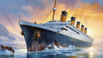 Titanic crash with iceberg - obrazy, fototapety, plakaty