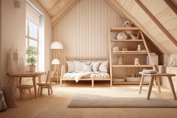 A render of a childrens room with natural wooden furniture and a Farmhouse style interior background is depicted in the mockup frame.