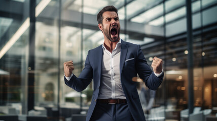 energetic business man shouting and yelling with arms up celebrating victory