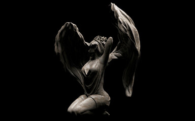 3d render illustration of shaded antique stone female angel statue sitting pose 3/4 view on black background.