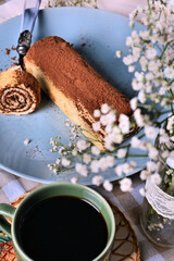 Delicate chocolate roulade covered with cocoa powder