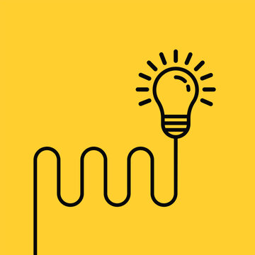 black hanging lightbulb on yellow background. concept of aha moment or quizz sign or easy think outside the box. simple outline trend more efficiency logotype graphic web design element