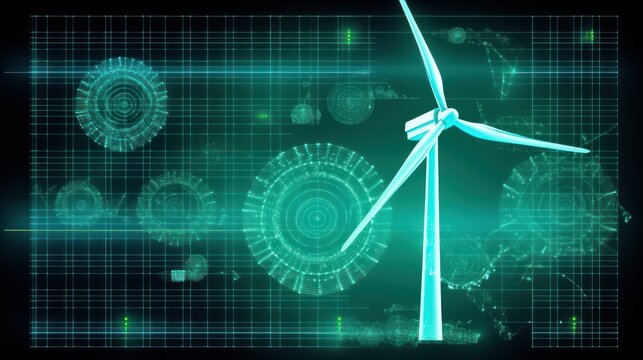 Graphic image of wind generator and diagram of energy production and use on green background. Sustainable wind energy process. Virtual data technology. Green energy production. Mockup, illustration.