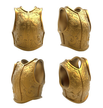Isolated 3d render illustration of medieval golden warrior armor vest with ornaments and angel engravings.