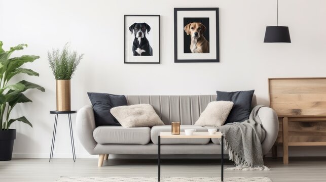 Modern stylish living room scandi style. Comfortable sofa with cushions, side table, coffee table, home decor. Two posters with dog images on the wall. Mockup, 3D rendering.