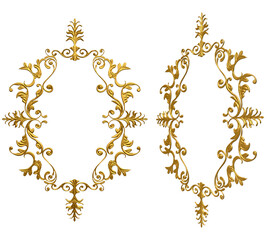 Isolated 3d render illustration of golden baroque floral ornate picture frame, front and 3/4 view.