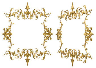 Isolated 3d render illustration of golden baroque floral ornate square picture frame, front and 3/4 view.