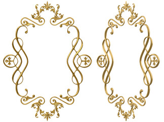 Isolated 3d render illustration of golden baroque ornate picture frame with cross elements, front and 3/4 view. - obrazy, fototapety, plakaty