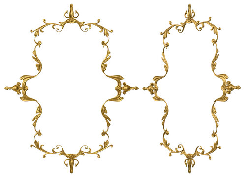 Isolated 3d render illustration of golden baroque royal ornate picture frame, front and 3/4 view.