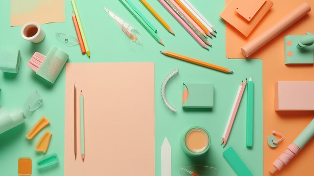 Copy space. Flat lay for back to school or education and craft concept. Generative Ai