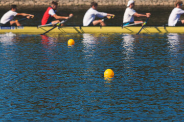 Group of rowing team athletes sculling during competition, kayak boats race in a rowing canal,...