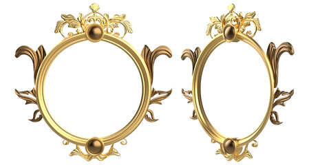 Isolated 3d render illustration of golden baroque ornate picture or mirror frame, front and 3/4 view.