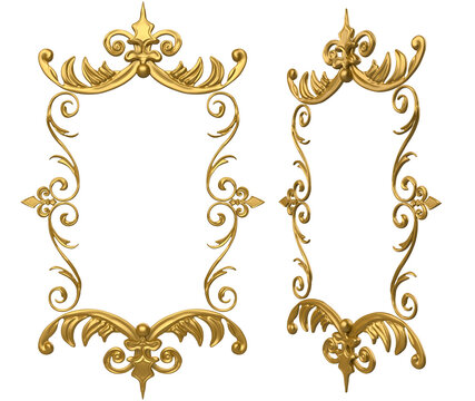 Isolated 3d render illustration of golden royal baroque ornate picture frame, front and 3/4 view.