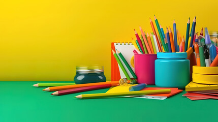 Fototapeta premium Set of school supplies on color background, School supplies on blackboard background. Generative Ai