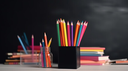 Obraz premium Back to school, orange pencil holder, stack of books on white table with red apple. Generative Ai