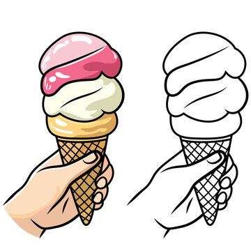 Hand holding an ice cream cone cartoon style vector illustration, Ice cream in a hand colored and black and white line art stock vector image