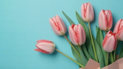Bouquet of tulips in envelope. Flat lay top view