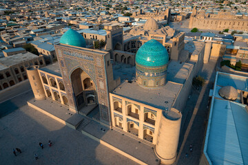 Top view of the old Mir-i-Arab madrasah on a sunny September evening. Bukhara