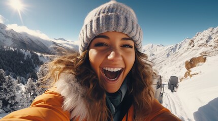 Fototapeta na wymiar Portrait of a young sporty woman in a knitted hat, taking a selfie and having fun on a winter day in the mountains. healthy lifestyle. Generative ai