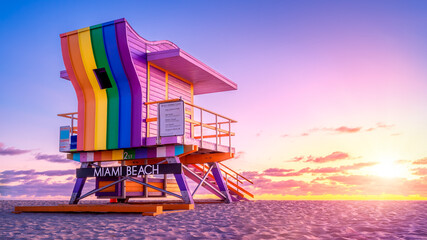 colorful lifeguard hut at miami beach - 633450512