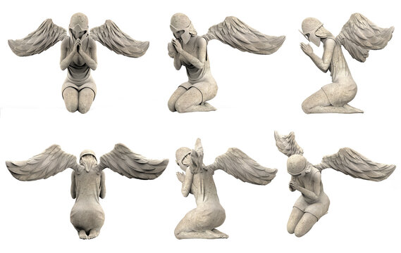 Isolated 3d render illustration of antique stone warrior angel statue in praying pose, various angles.
