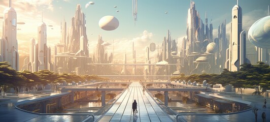 Futuristic cityscapes with high buildings and greenery with soft lights. Generative AI