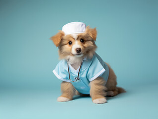 Puppy in a nurse uniform for Halloween