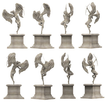 Isolated 3d render illustration of antique ancient stone female angel warrior statue on pedestal standing and aiming bow, various angles.