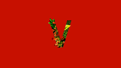 Letter V made of colorful tropical leaves. Leaf font concept. Unique collection of letters and numbers. Spring, summer and valentines creative idea. Tropical vibes.