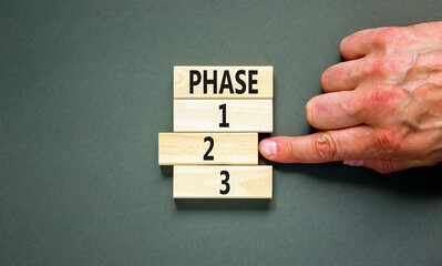 Time to phase 2 symbol. Concept word Phase 1 2 3 on wooden block. Businessman hand. Beautiful grey...