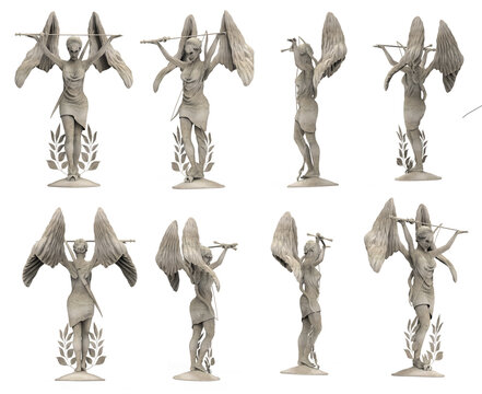Isolated 3d render illustration of antique ancient stone female angel warrior statue standing and holding sword, various angles.