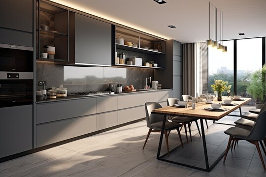 A modern and stylish kitchen room is showcased with a perspective view. The kitchen set and furniture have a glossy grey finish, creating a sleek and contemporary look. From the top, a fashionable