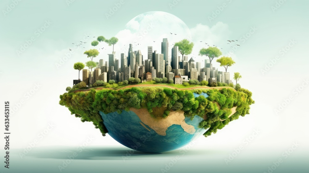 Wall mural symbolic 3d image of the globe with elements of human activity and nature. environment, save clean p